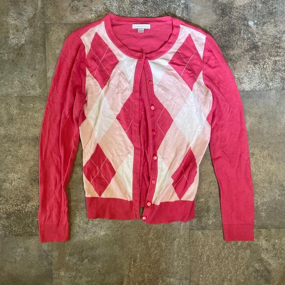 New York & Company Sweaters - new york and co medium pink and white argyle cardigan size medium